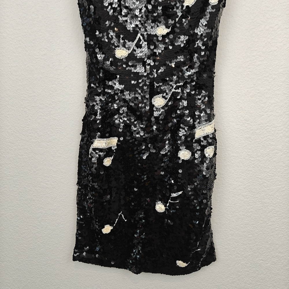 Vintage 1980s Black White Piano Keys Off Shoulder Sequin Beaded Mini Dress SM - Picture 15 of 16